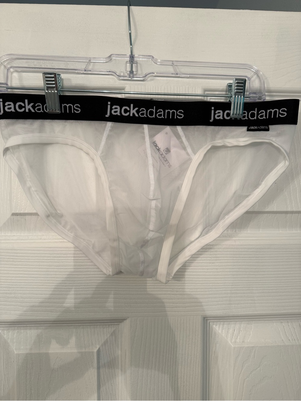 Jack Adams Men’s White Sheer Bikini Briefs with Black Logo Waistband